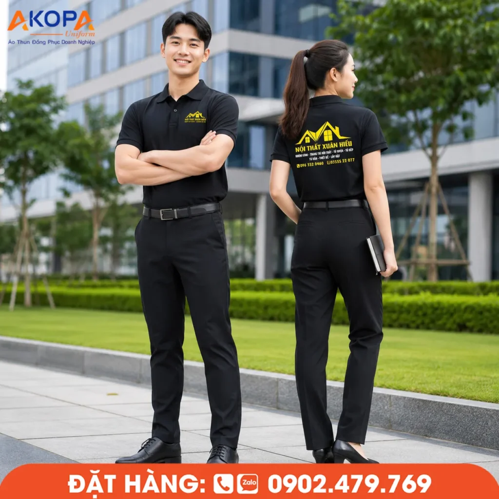 Áo polo đồng phục màu đen Nội Thất Xuân Hiếu nổi bật với thiết kế hiện đại, gam màu sang trọng, chất liệu co giãn thoáng mát và logo in màu vàng sắc nét. Mẫu áo phù hợp cho doanh nghiệp nội thất, showroom và đội ngũ tư vấn, giúp xây dựng hình ảnh chuyên nghiệp và tăng nhận diện thương hiệu.