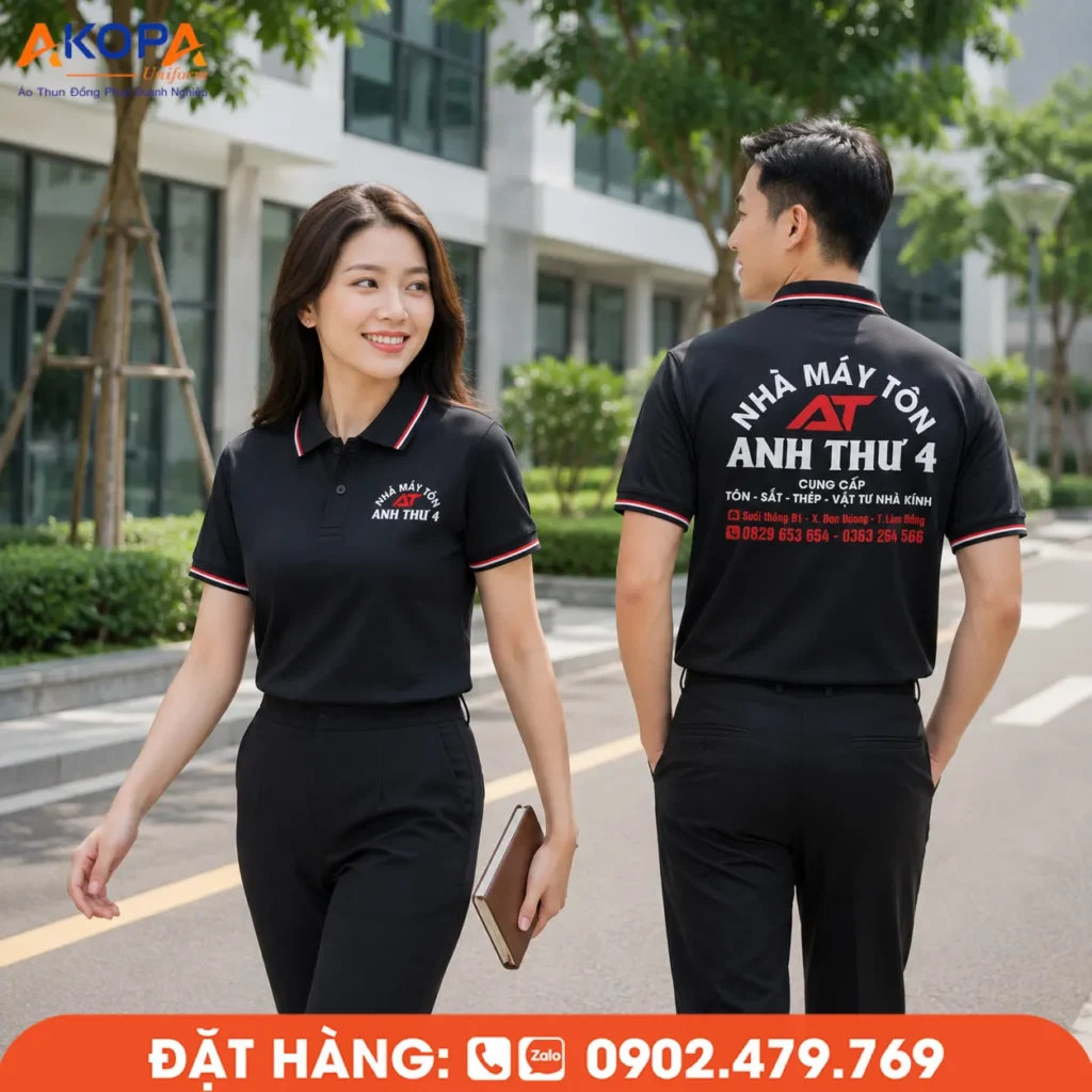Áo polo đồng phục màu đen Nhà Máy Tôn Anh Thư 4 sở hữu thiết kế hiện đại với tông đen phối viền đỏ nổi bật, giúp nâng tầm hình ảnh doanh nghiệp. Chất liệu vải thoáng mát, form áo chuẩn, in logo và thông tin thương hiệu sắc nét ở ngực và lưng, phù hợp cho nhân viên ngành tôn, sắt thép, vật liệu xây dựng và các doanh nghiệp cần đồng phục chuyên nghiệp, bền đẹp.