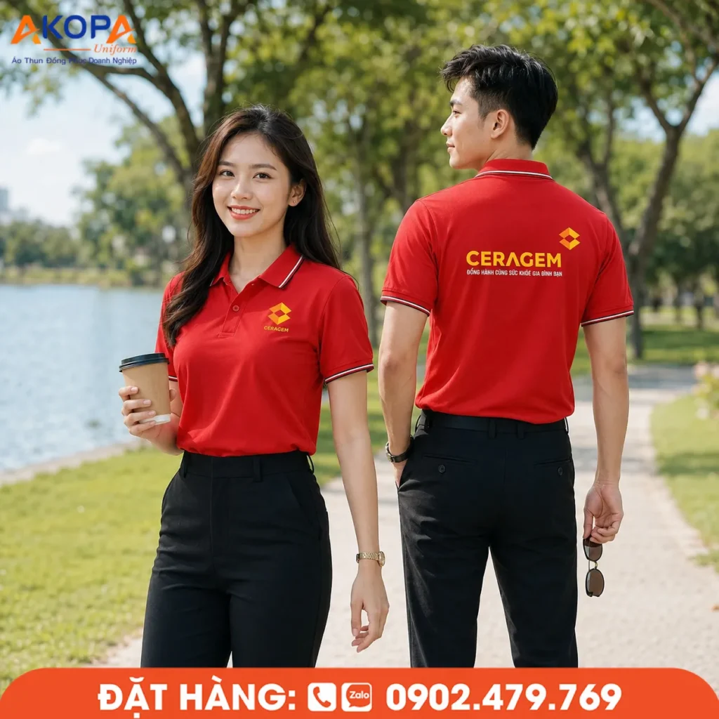 Áo polo đồng phục màu đỏ nổi bật với thiết kế hiện đại, form chuẩn nam nữ, giúp nâng tầm hình ảnh doanh nghiệp. Chất liệu thoáng mát, co giãn tốt, in hoặc thêu logo sắc nét, phù hợp cho văn phòng, showroom, bán hàng và sự kiện.