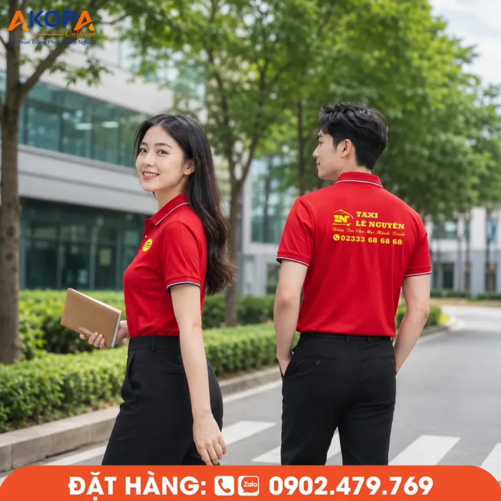 Áo polo đồng phục màu đỏ nổi bật, form chuẩn nam nữ, chất liệu thoáng mát, in thêu logo sắc nét theo yêu cầu. Giải pháp đồng phục chuyên nghiệp cho doanh nghiệp, taxi, dịch vụ và nhiều ngành nghề.