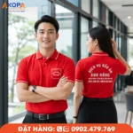 Áo polo đồng phục màu đỏ nổi bật, thiết kế lịch sự, chất liệu thoáng mát, in thêu logo theo yêu cầu. Phù hợp cho nhà hàng, quán ăn, doanh nghiệp và đội ngũ dịch vụ chuyên nghiệp.