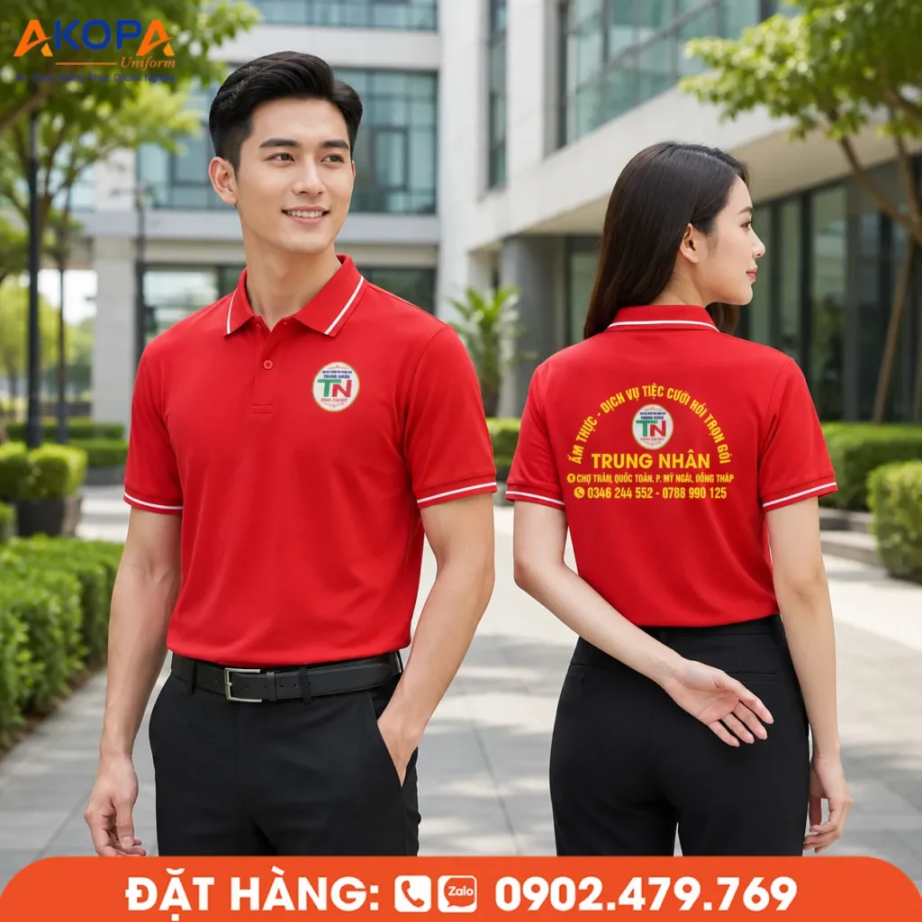 Áo polo đồng phục màu đỏ nổi bật, chất liệu thoáng mát, form chuẩn nam nữ, in thêu logo theo yêu cầu. Phù hợp cho nhà hàng, tiệc cưới, sự kiện và đội ngũ dịch vụ chuyên nghiệp.