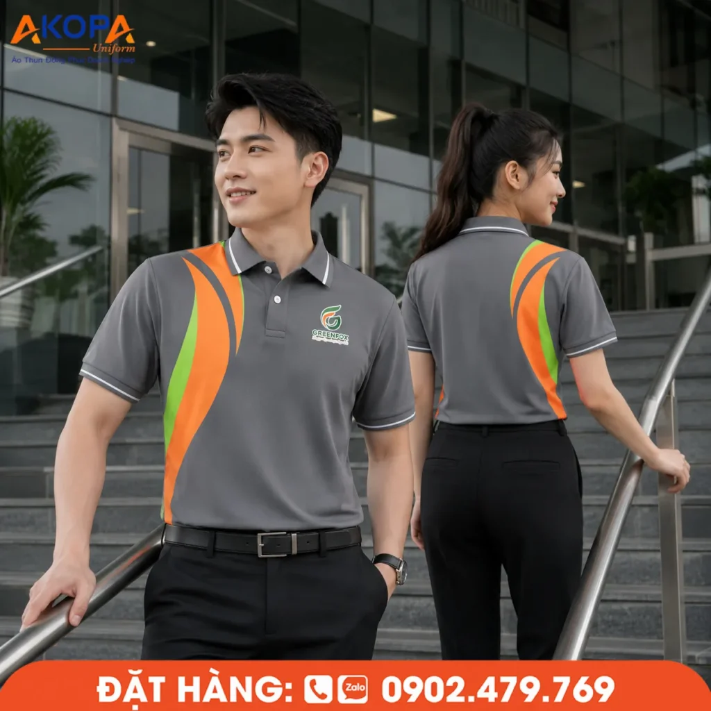 Áo polo đồng phục màu ghi phối họa tiết cam và xanh lá uốn lượn tạo điểm nhấn nổi bật, mang đến diện mạo trẻ trung và chuyên nghiệp. Thiết kế hiện đại giúp tăng nhận diện thương hiệu, phù hợp cho doanh nghiệp môi trường, năng lượng, kỹ thuật và đội ngũ kinh doanh thường xuyên làm việc với khách hàng.