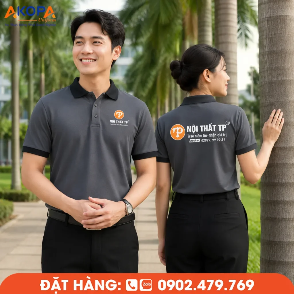 Áo polo đồng phục màu ghi phối cổ và bo tay đen mang phong cách mạnh mẽ, kết hợp logo in nổi bật giúp tăng hiệu quả nhận diện thương hiệu. Thiết kế tối giản, dễ ứng dụng cho doanh nghiệp nội thất, showroom, văn phòng và đội ngũ bán hàng chuyên nghiệp.