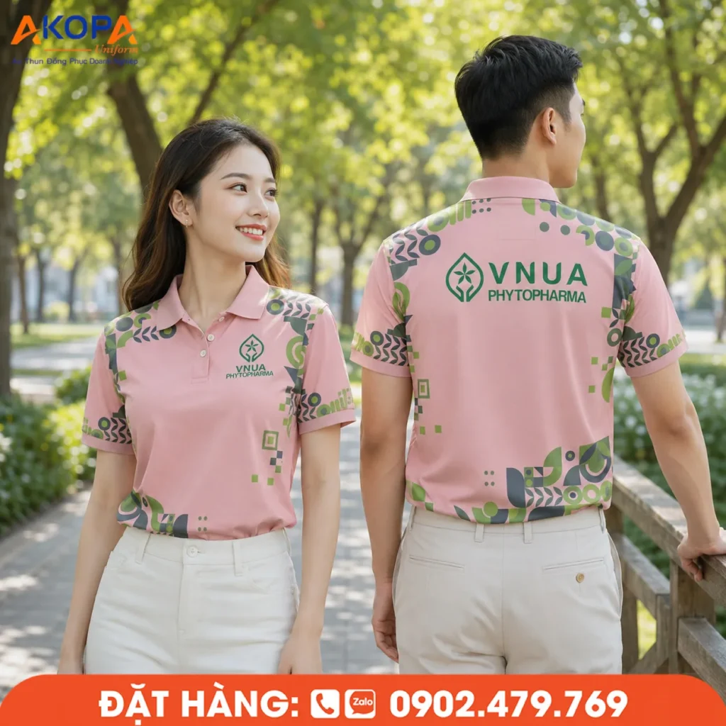 Áo polo đồng phục màu hồng nổi bật với họa tiết phối xanh lá và xám in chuyển nhiệt, tạo điểm nhấn hiện đại và chuyên nghiệp. Thiết kế phù hợp cho doanh nghiệp, dược phẩm, y tế, sự kiện và đội ngũ nhân viên cần hình ảnh thương hiệu đồng bộ, trẻ trung.