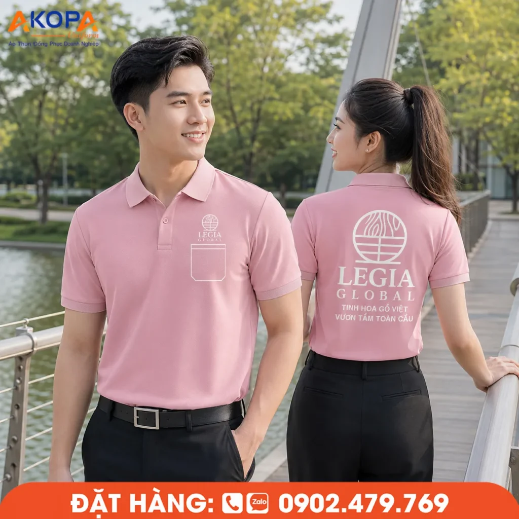 Áo polo đồng phục màu hồng tối giản, chất liệu thoáng mát, bền đẹp, phù hợp cho doanh nghiệp, showroom và đội ngũ nhân viên chuyên nghiệp.