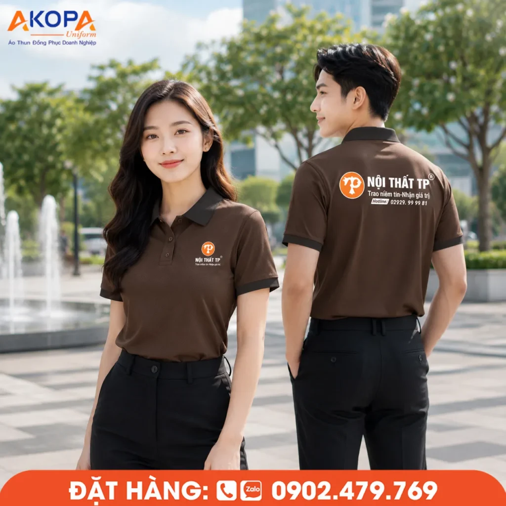 Áo polo đồng phục màu nâu thiết kế tối giản, dễ phối logo, bền màu, phù hợp showroom, nội thất, văn phòng và nhiều ngành dịch vụ.