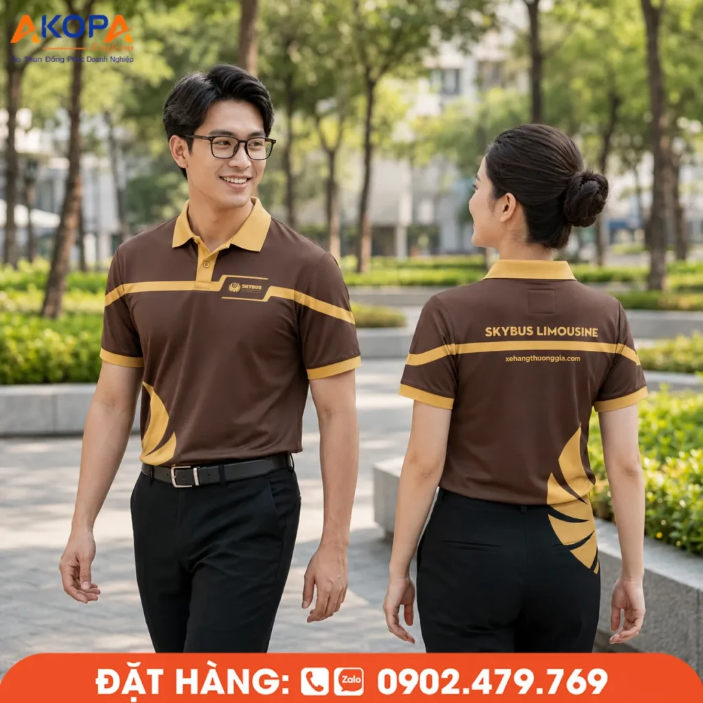 Áo polo đồng phục màu nâu phối vàng nổi bật, thiết kế hiện đại, tăng nhận diện thương hiệu, phù hợp doanh nghiệp vận tải, dịch vụ, du lịch và đội ngũ kinh doanh.