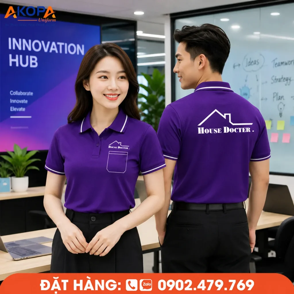Áo polo đồng phục màu tím phối viền trắng thanh lịch, logo in nổi bật, phù hợp cho văn phòng, dịch vụ và đội ngũ nhân viên chuyên nghiệp.