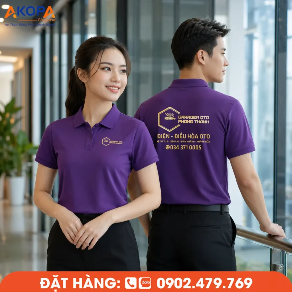 Áo polo đồng phục màu tím mang đến vẻ hiện đại, nổi bật và chuyên nghiệp. Thiết kế tối giản, chất liệu thoáng mát, in thêu logo sắc nét, phù hợp cho doanh nghiệp, gara ô tô và nhiều ngành nghề khác.