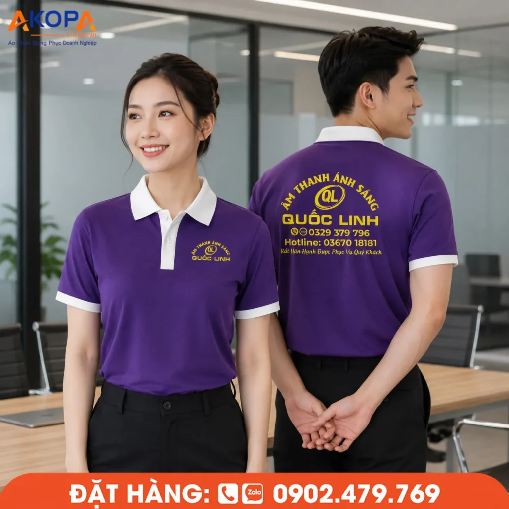 Áo polo đồng phục màu tím tạo điểm nhấn sang trọng, trẻ trung và chuyên nghiệp. Chất liệu thoáng mát, form đẹp, in thêu logo sắc nét, phù hợp cho showroom, văn phòng và doanh nghiệp.