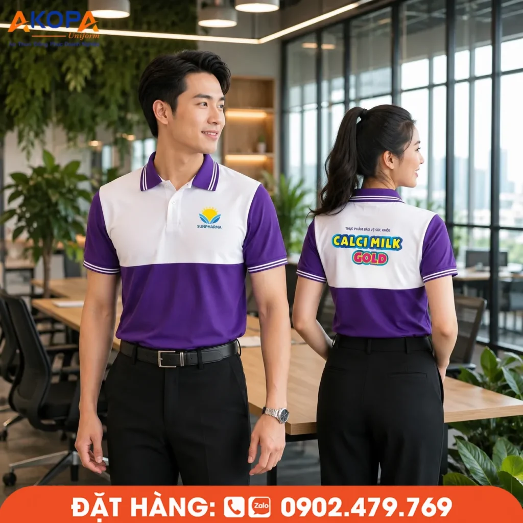 Áo polo đồng phục màu tím phối trắng mang phong cách hiện đại, nổi bật và dễ nhận diện thương hiệu. Thiết kế trẻ trung, chất liệu thoáng mát, phù hợp cho doanh nghiệp, showroom và đội ngũ bán hàng.
