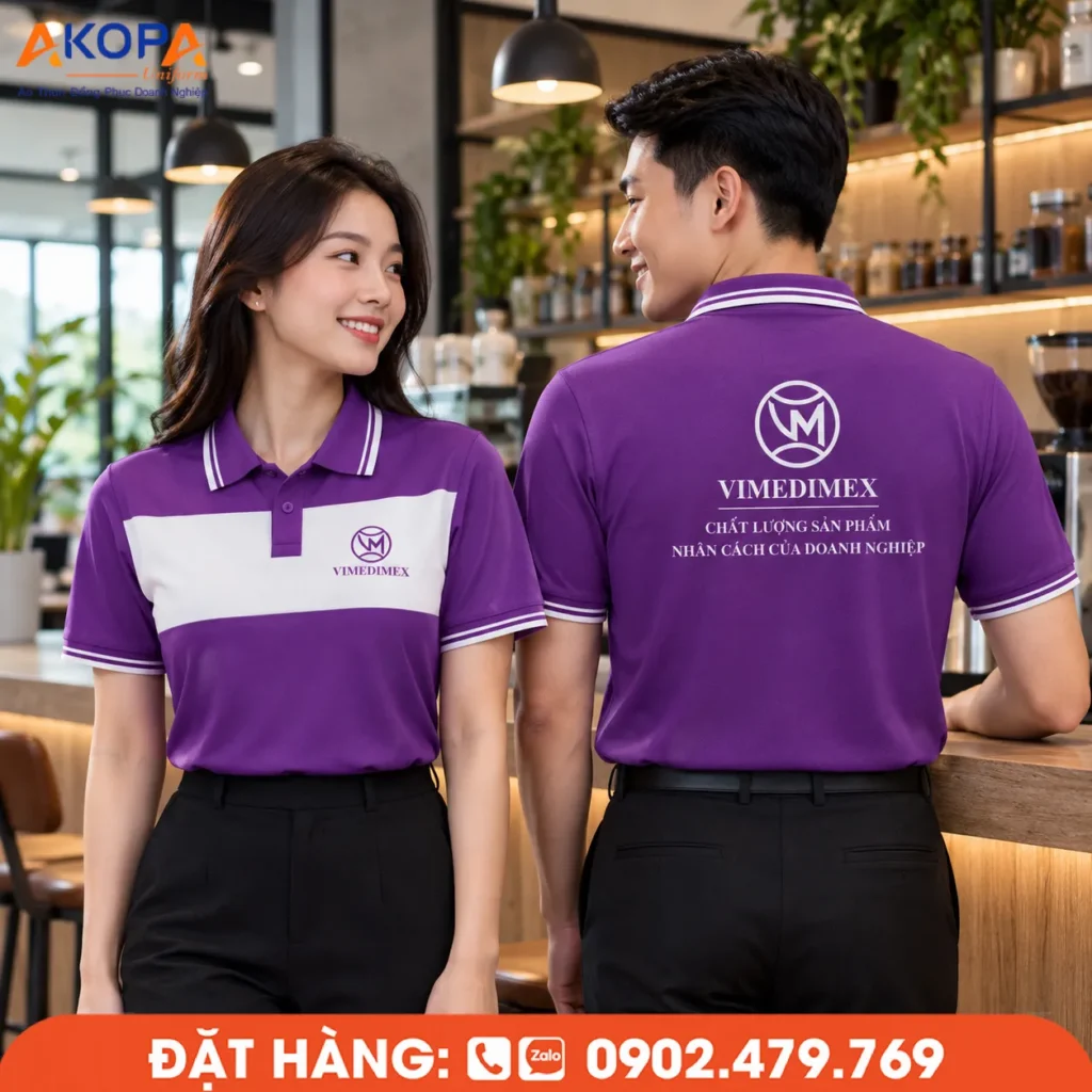 Áo polo đồng phục màu tím phối trắng nổi bật với thiết kế hiện đại, màu sắc sang trọng và dễ nhận diện thương hiệu. Chất liệu thoáng mát, form đẹp, phù hợp cho doanh nghiệp, showroom và đội ngũ kinh doanh.