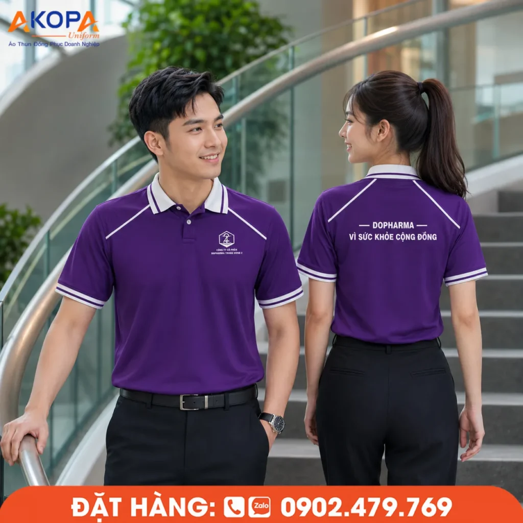 Áo polo đồng phục màu tím nổi bật với thiết kế tinh tế, phối viền hiện đại và chất liệu thoáng mát. Phù hợp cho văn phòng, y tế, doanh nghiệp và đội ngũ nhân viên chuyên nghiệp.