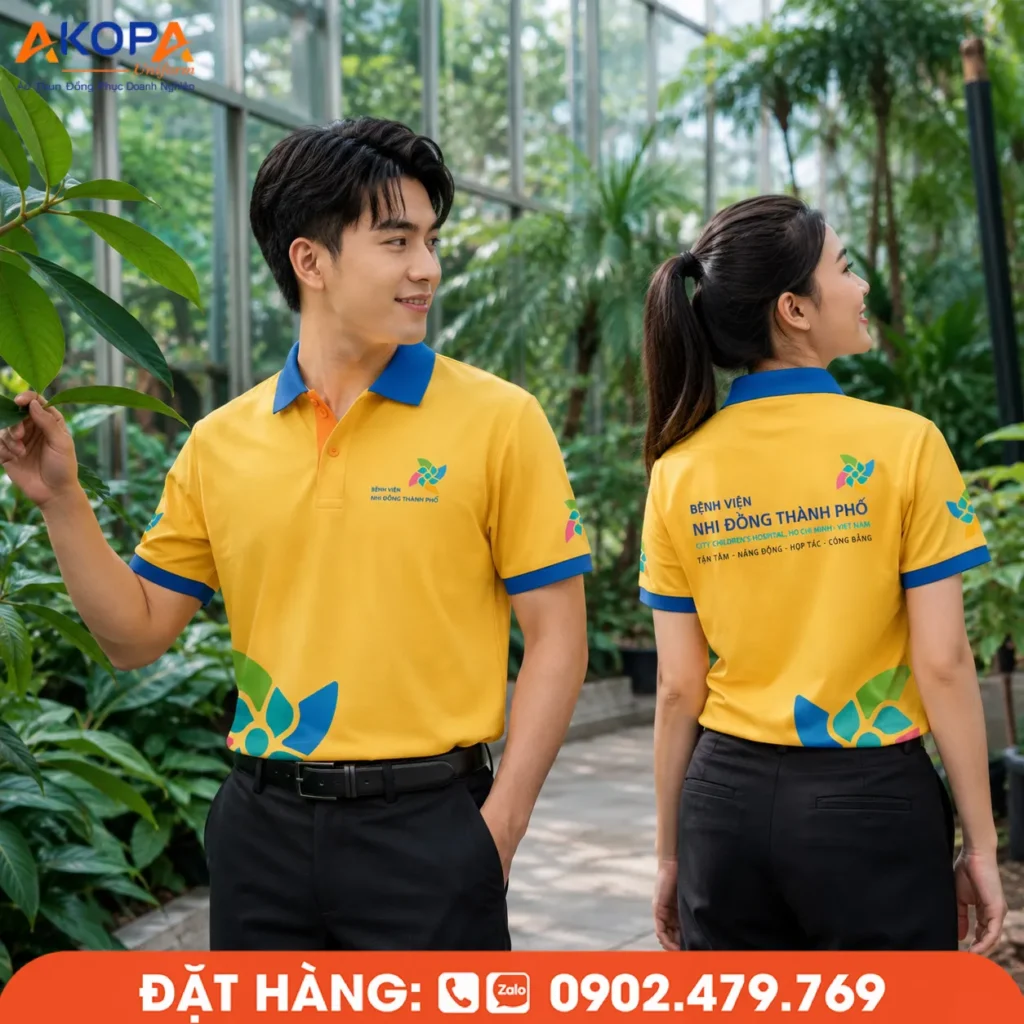 Áo polo đồng phục màu vàng phối cổ xanh tạo điểm nhấn nổi bật, kết hợp họa tiết cách điệu hiện đại, phù hợp bệnh viện, tổ chức và doanh nghiệp hướng đến hình ảnh thân thiện, chuyên nghiệp.