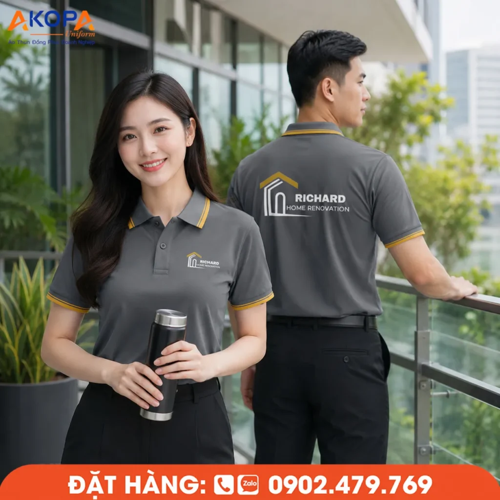 Áo polo đồng phục màu xám phối viền vàng sang trọng, in logo trước ngực và sau lưng sắc nét, chất liệu thoáng mát, phù hợp cho công ty nội thất, xây dựng và doanh nghiệp chuyên nghiệp.