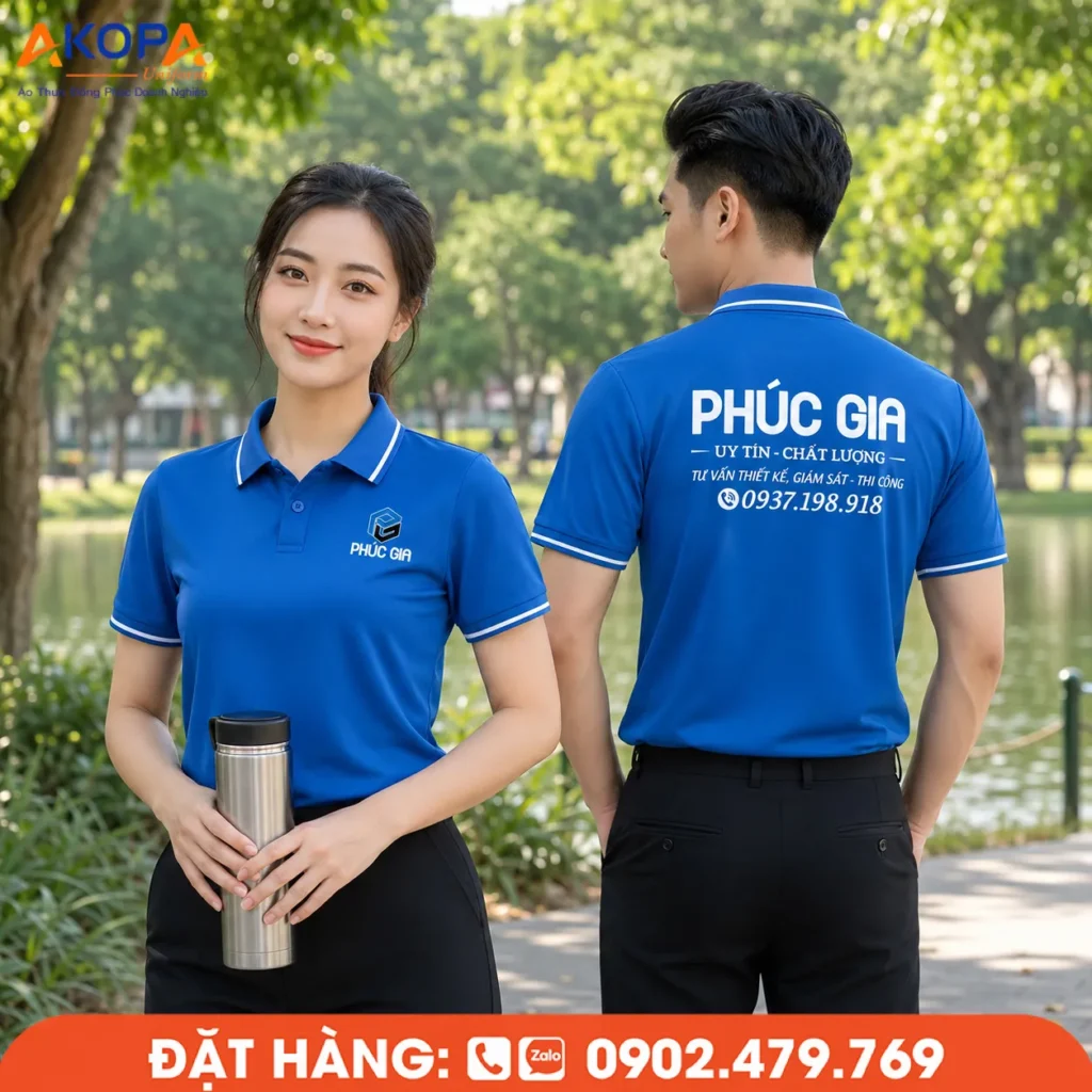 Áo polo đồng phục màu xanh dương Phúc Gia nổi bật với thiết kế phối viền trắng, form áo lịch sự, in logo rõ nét, phù hợp doanh nghiệp xây dựng và kỹ thuật.