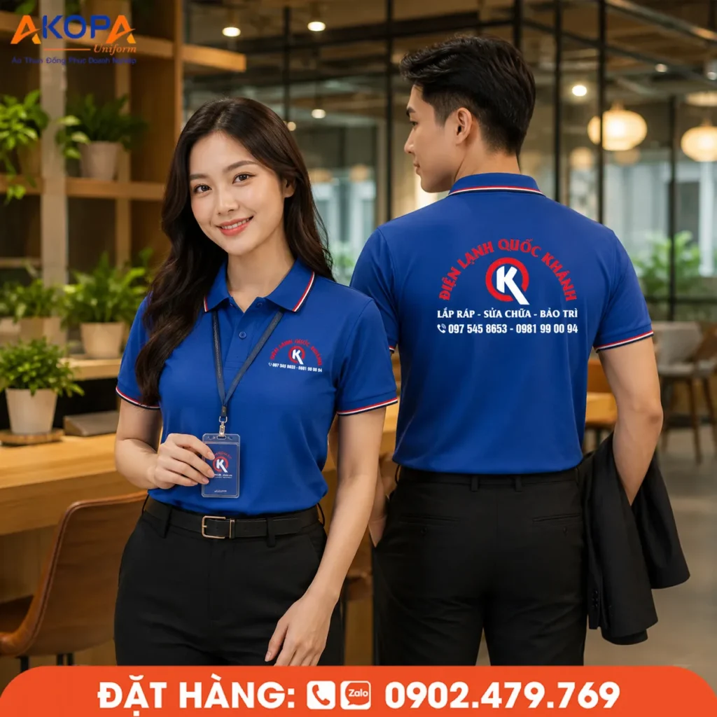 Áo polo đồng phục màu xanh dương Điện Lạnh Quốc Khánh nổi bật với thiết kế phối viền đỏ tinh tế, chất liệu thoáng mát, form mặc gọn gàng và logo in bền đẹp. Mẫu áo giúp kỹ thuật viên và nhân viên doanh nghiệp tạo hình ảnh chuyên nghiệp, đồng bộ và tăng nhận diện thương hiệu.