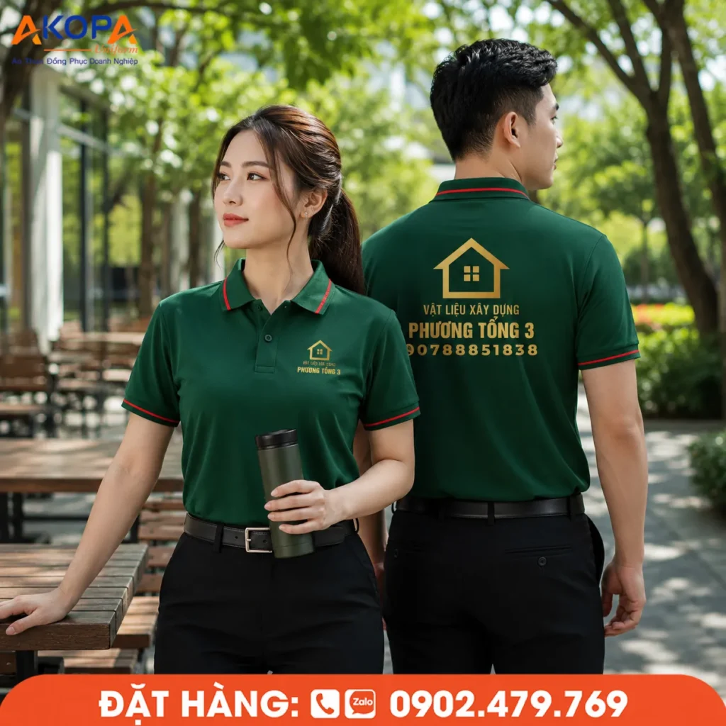 Áo polo đồng phục màu xanh lá đậm với điểm nhấn viền cổ và tay áo nổi bật, thiết kế thanh lịch, chất liệu thoáng mát, phù hợp doanh nghiệp, cửa hàng và đội ngũ kinh doanh chuyên nghiệp.