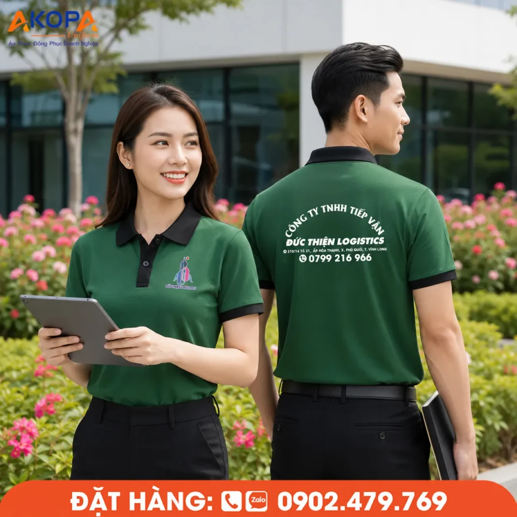Áo polo đồng phục màu xanh lá phối cổ đen nổi bật, form mặc lịch sự, chất liệu thoáng mát, in thêu logo sắc nét. Phù hợp doanh nghiệp logistics, vận tải, dịch vụ và đội ngũ nhân viên văn phòng.