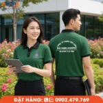 Áo polo đồng phục màu xanh lá phối cổ đen nổi bật, form mặc lịch sự, chất liệu thoáng mát, in thêu logo sắc nét. Phù hợp doanh nghiệp logistics, vận tải, dịch vụ và đội ngũ nhân viên văn phòng.