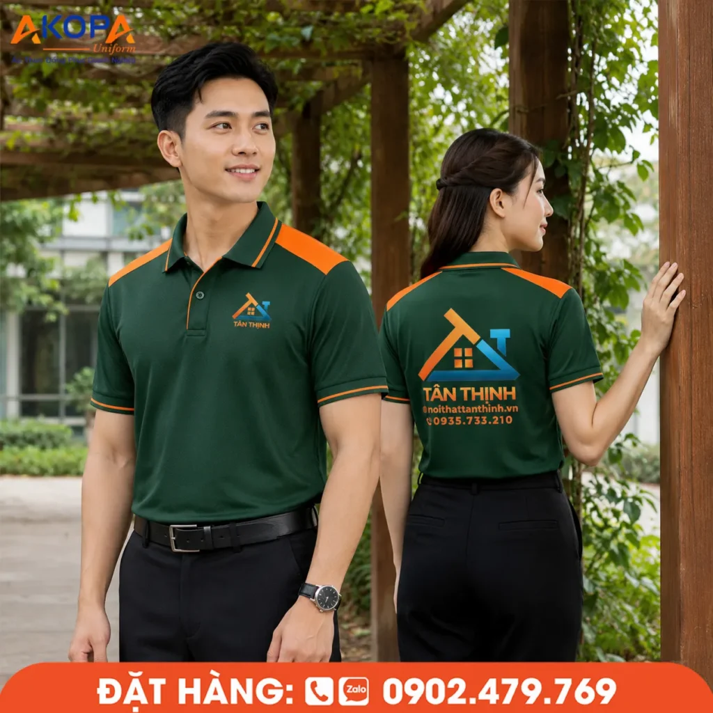 Áo polo đồng phục màu xanh lá phối vai cam tạo điểm nhấn hiện đại, chất liệu bền đẹp, thoáng mát, in thêu logo sắc nét. Phù hợp doanh nghiệp nội thất, xây dựng, kỹ thuật và đội ngũ kinh doanh.