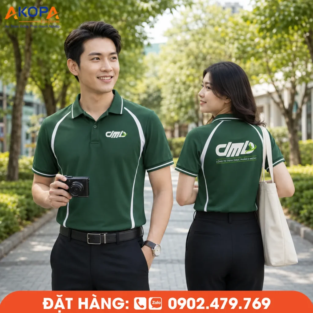 Áo polo đồng phục màu xanh lá viền trắng mang phong cách tối giản nhưng nổi bật, form mặc gọn gàng, chất liệu thoáng mát và bền đẹp. Lựa chọn phù hợp cho doanh nghiệp dược phẩm, văn phòng, giáo dục và đội ngũ nhân viên chuyên nghiệp.