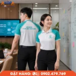 Áo polo đồng phục màu xanh ngọc phối trắng mang phong cách thanh lịch, hiện đại và chuyên nghiệp. Thiết kế phù hợp cho doanh nghiệp, y tế, dược phẩm và văn phòng với chất liệu thoáng mát, bền đẹp, dễ sử dụng hằng ngày.