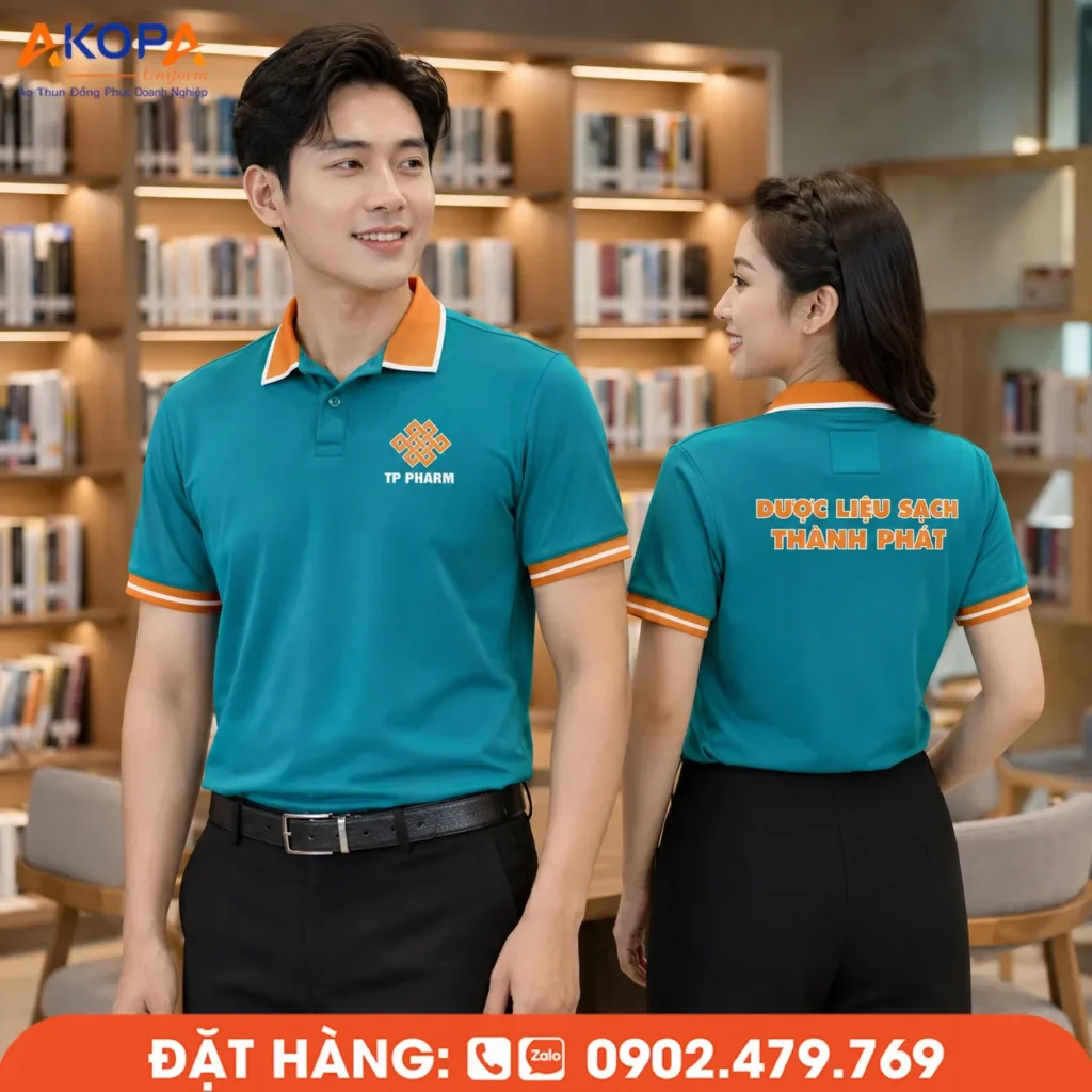 Áo polo đồng phục màu xanh ngọc phối cổ và bo tay màu cam tạo điểm nhấn nổi bật, trẻ trung và chuyên nghiệp. Thiết kế phù hợp cho doanh nghiệp, cửa hàng và đội ngũ nhân viên với chất liệu thoáng mát, bền đẹp, dễ mặc hằng ngày.