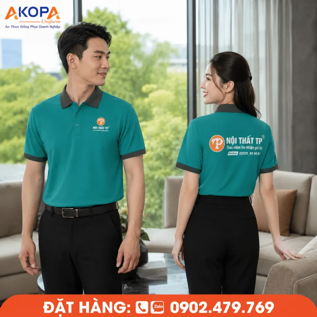 Áo polo đồng phục màu xanh ngọc phối cổ và bo tay màu xám tạo vẻ ngoài hiện đại, thanh lịch và chuyên nghiệp. Thiết kế phù hợp cho doanh nghiệp, showroom, nội thất và văn phòng với chất liệu thoáng mát, bền đẹp, dễ mặc hằng ngày.