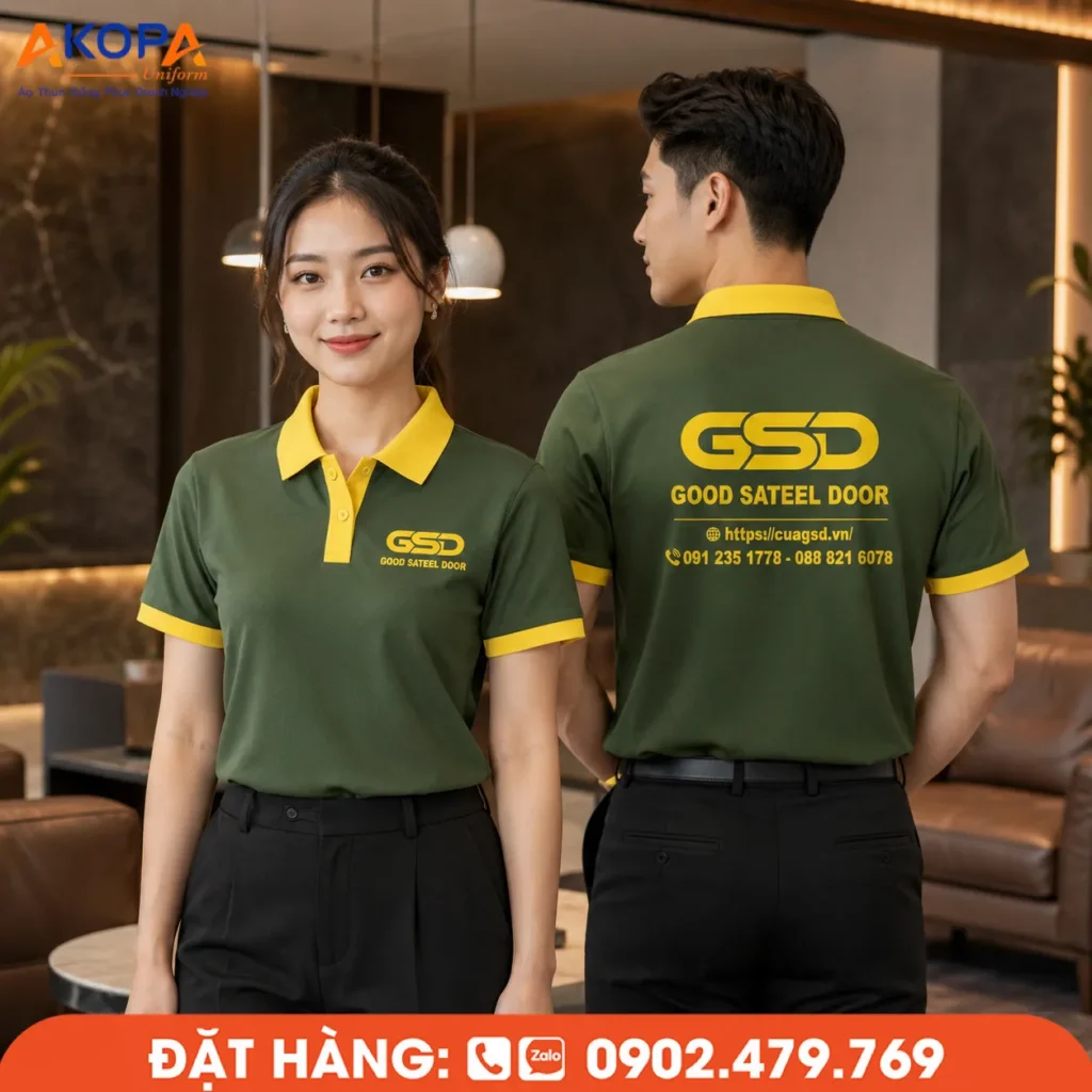 Áo polo đồng phục màu xanh rêu phối cổ và bo tay màu vàng tạo điểm nhấn nổi bật, mang đến phong cách năng động và chuyên nghiệp. Thiết kế phù hợp cho doanh nghiệp, showroom, cửa hàng và đội ngũ kinh doanh với chất liệu bền đẹp, thoáng mát, thoải mái khi mặc hằng ngày.