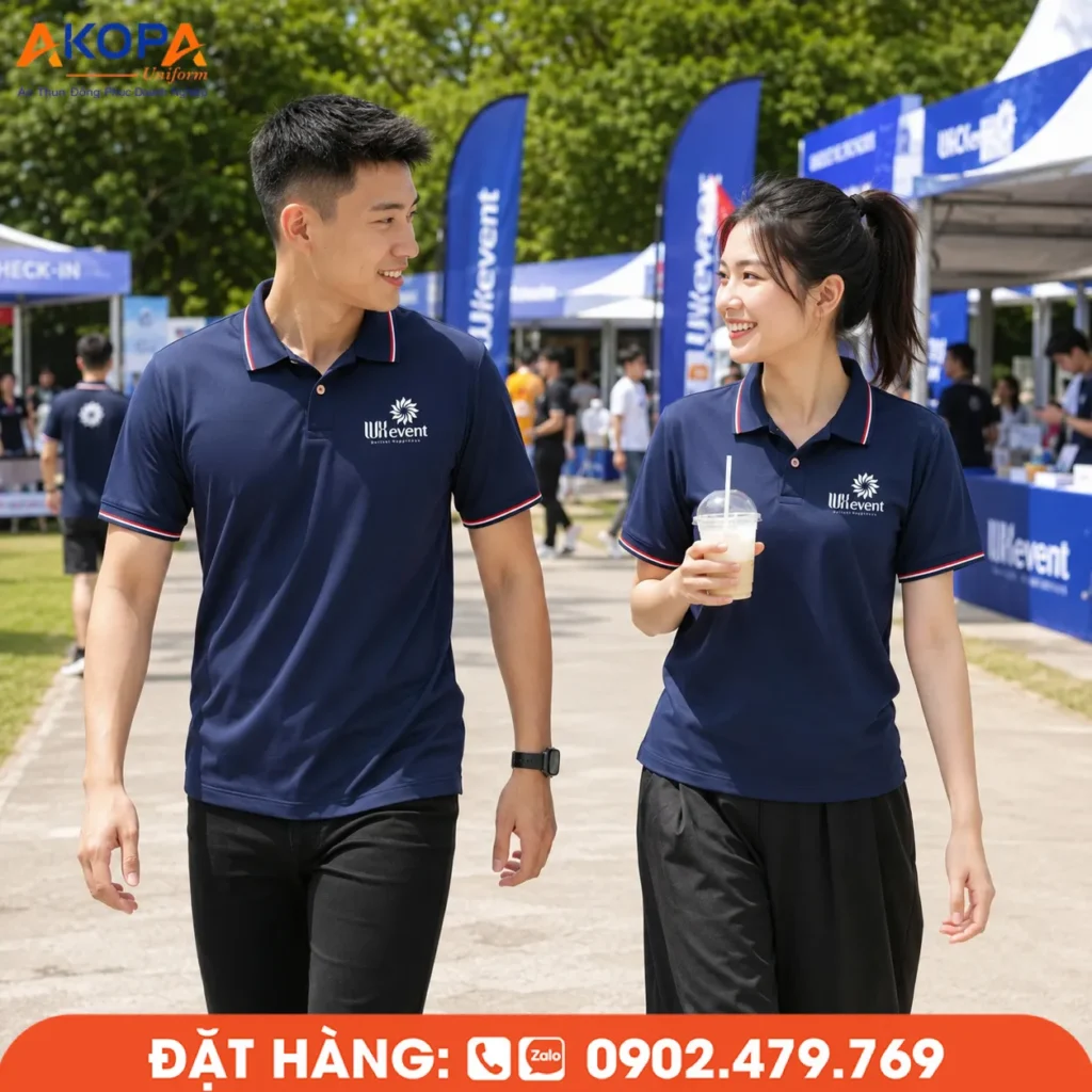 Áo polo sự kiện màu xanh navy thiết kế trẻ trung, phù hợp cho đội ngũ tổ chức, nhân viên sự kiện và các chương trình ngoài trời chuyên nghiệp.