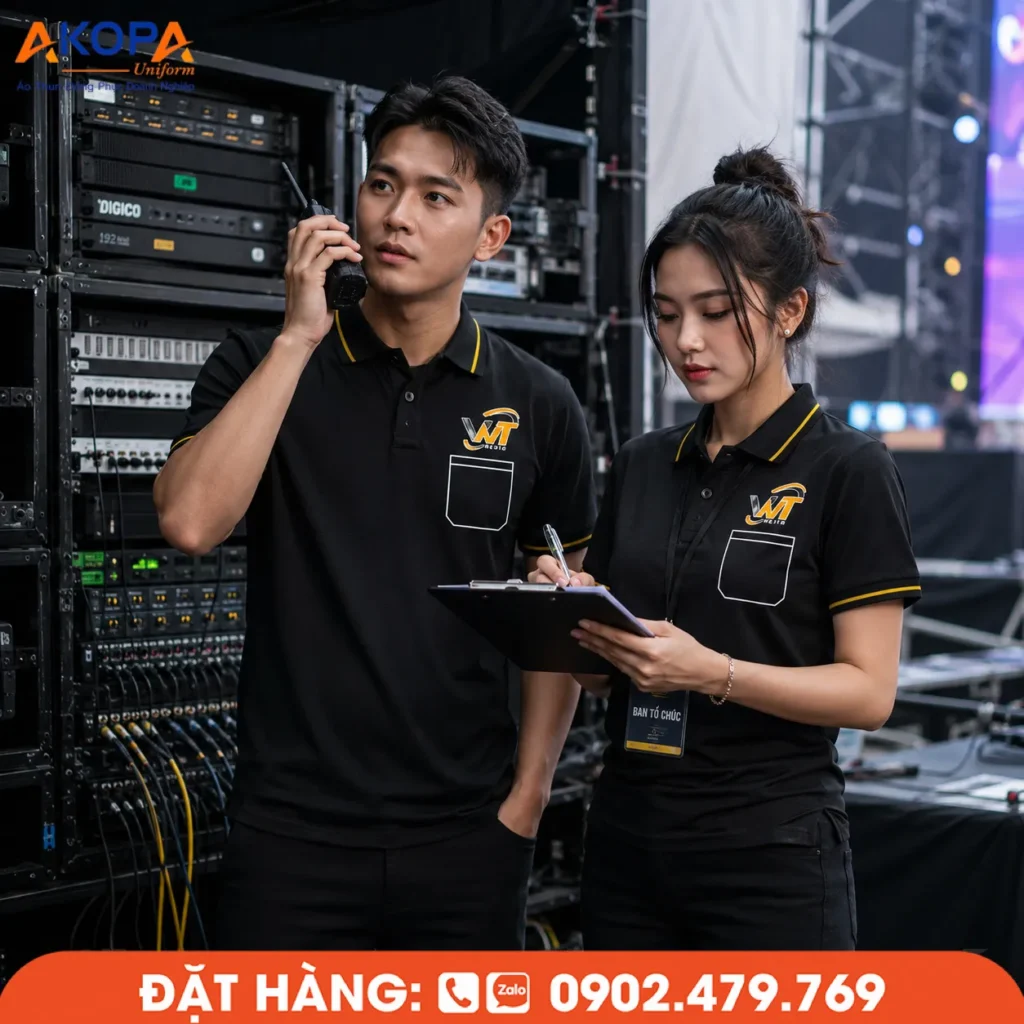 Áo polo sự kiện màu đen phối vàng thiết kế chuyên nghiệp, phù hợp cho đội ngũ kỹ thuật, ban tổ chức và nhân viên vận hành trong các chương trình, sân khấu và sự kiện.