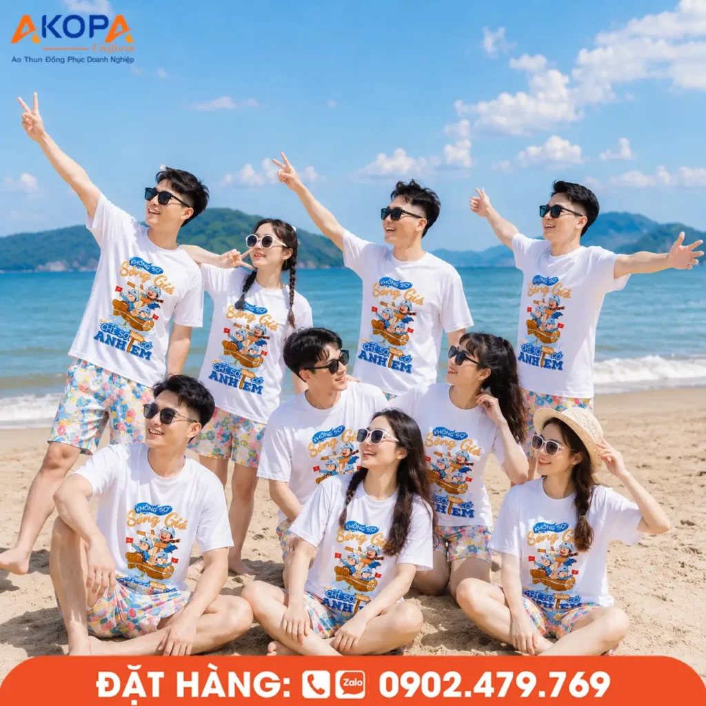 Mẫu áo team building công ty phong cách trẻ trung, phù hợp cho các chuyến du lịch, dã ngoại và hoạt động ngoài trời, giúp doanh nghiệp tạo dấu ấn đồng bộ và chuyên nghiệp.