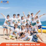 Mẫu áo team building công ty mang phong cách trẻ trung, thiết kế nổi bật, phù hợp cho các chuyến đi biển, sự kiện và hoạt động gắn kết đội ngũ.