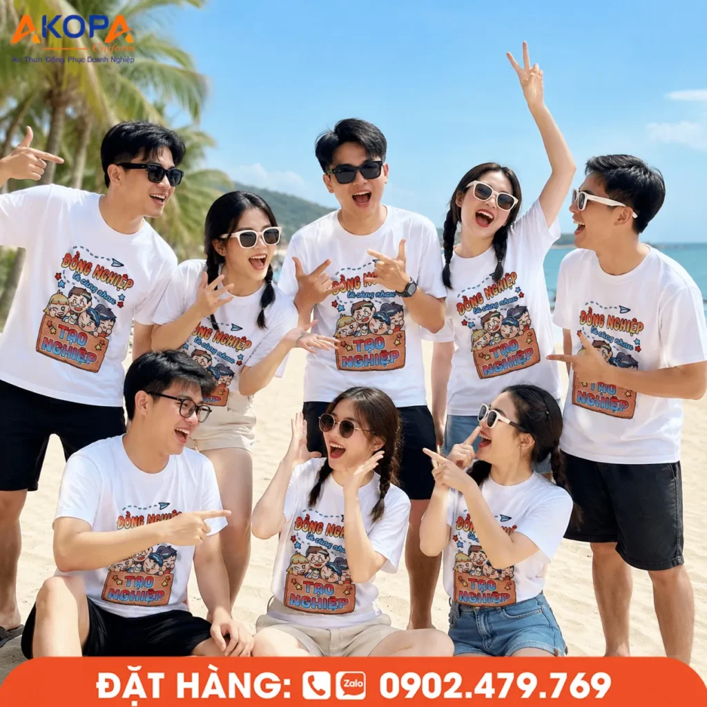 Áo team building hài hước với slogan "Đồng nghiệp tạo nghiệp" độc đáo, thiết kế trẻ trung, hình in sắc nét và chất vải thoáng mát, giúp tập thể nổi bật trong các chuyến du lịch biển, team building và hoạt động gắn kết đồng đội.