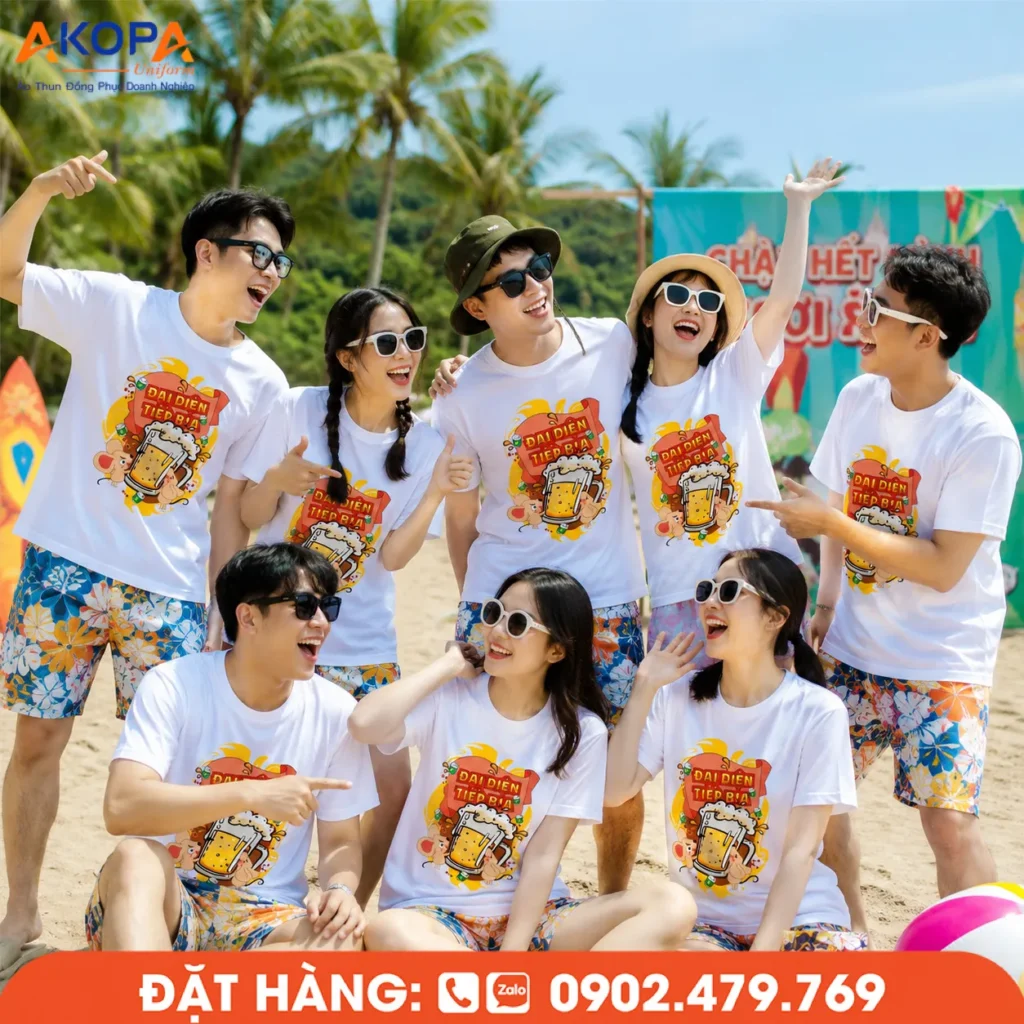 Áo team building hài hước với slogan "Đại diện tiệc bia" nổi bật, thiết kế vui nhộn, hình in sắc nét và chất vải thoáng mát, thích hợp cho du lịch biển, team building, cắm trại và những buổi tụ họp đầy tiếng cười.