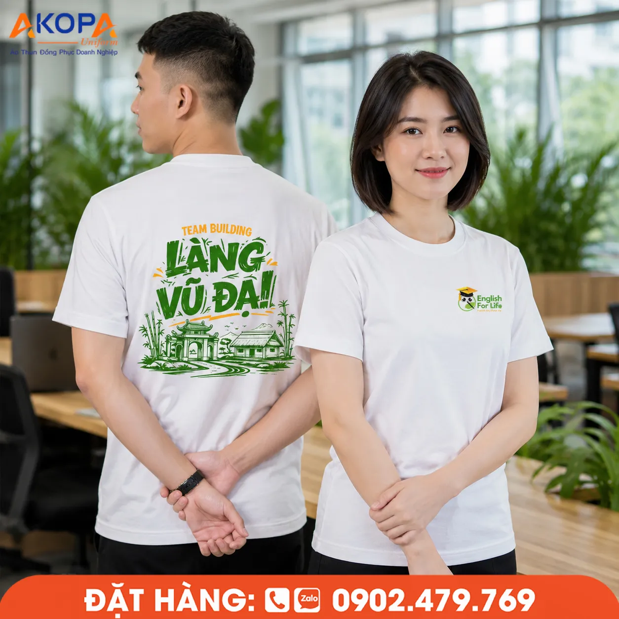 Áo thun đồng phục cổ tròn trắng in hình mặt sau – AKOPA