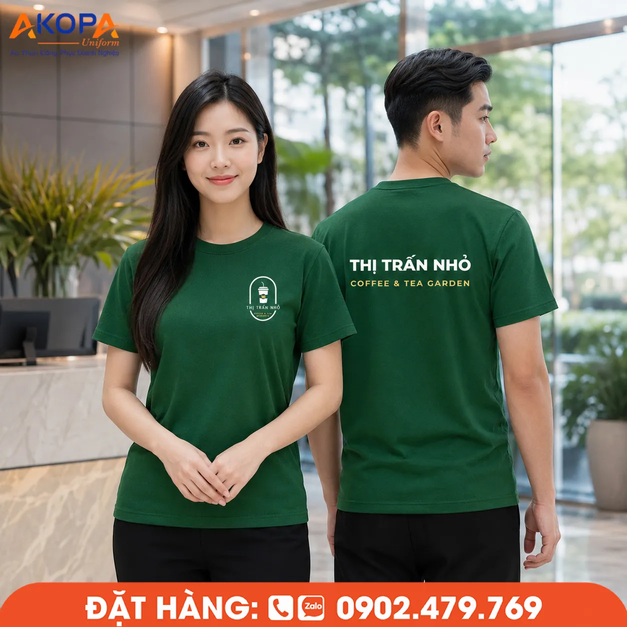 Áo thun đồng phục cổ tròn màu xanh rêu in logo – AKOPA