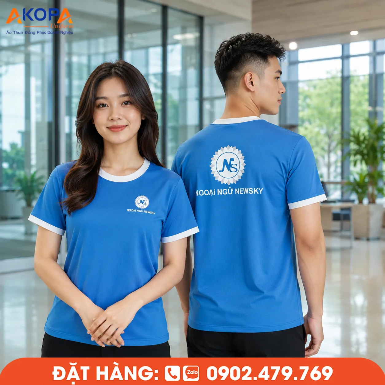 Áo thun đồng phục cổ tròn xanh dương phối bo trắng – AKOPA