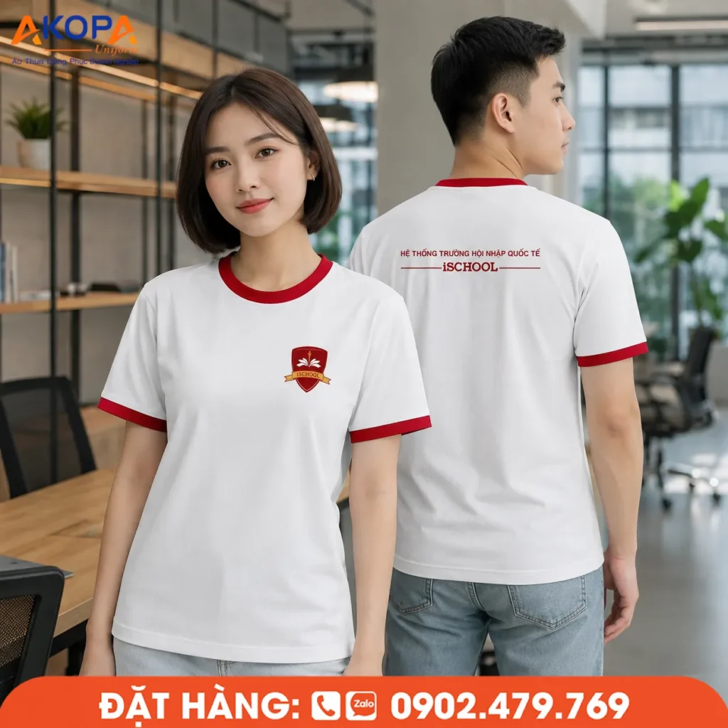 Áo thun đồng phục cổ tròn phối bo đỏ, in logo trước ngực và sau lưng, phù hợp cho trường học, trung tâm giáo dục, doanh nghiệp và tổ chức.