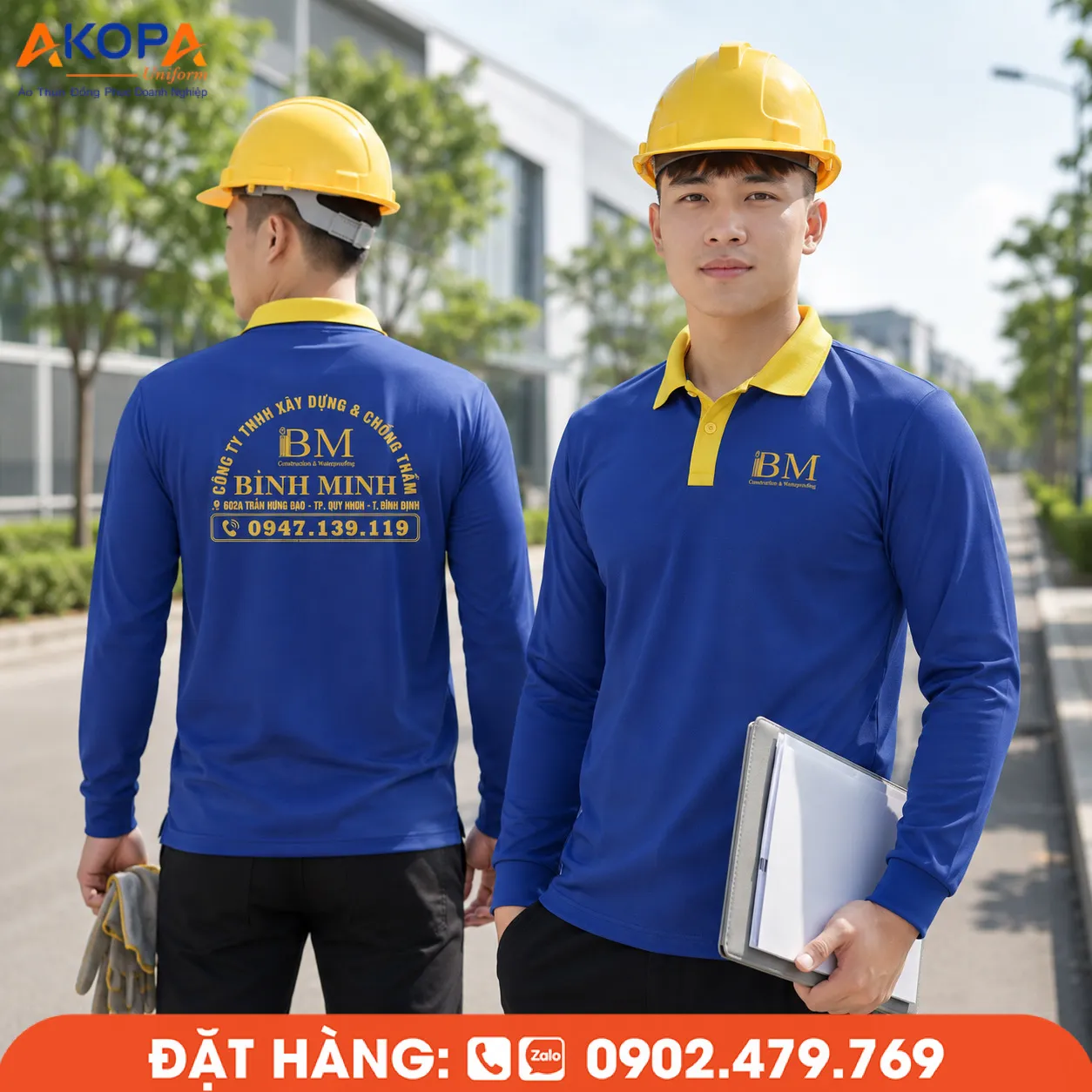 Áo polo đồng phục tay dài màu xanh dương phối cổ vàng – AKOPA