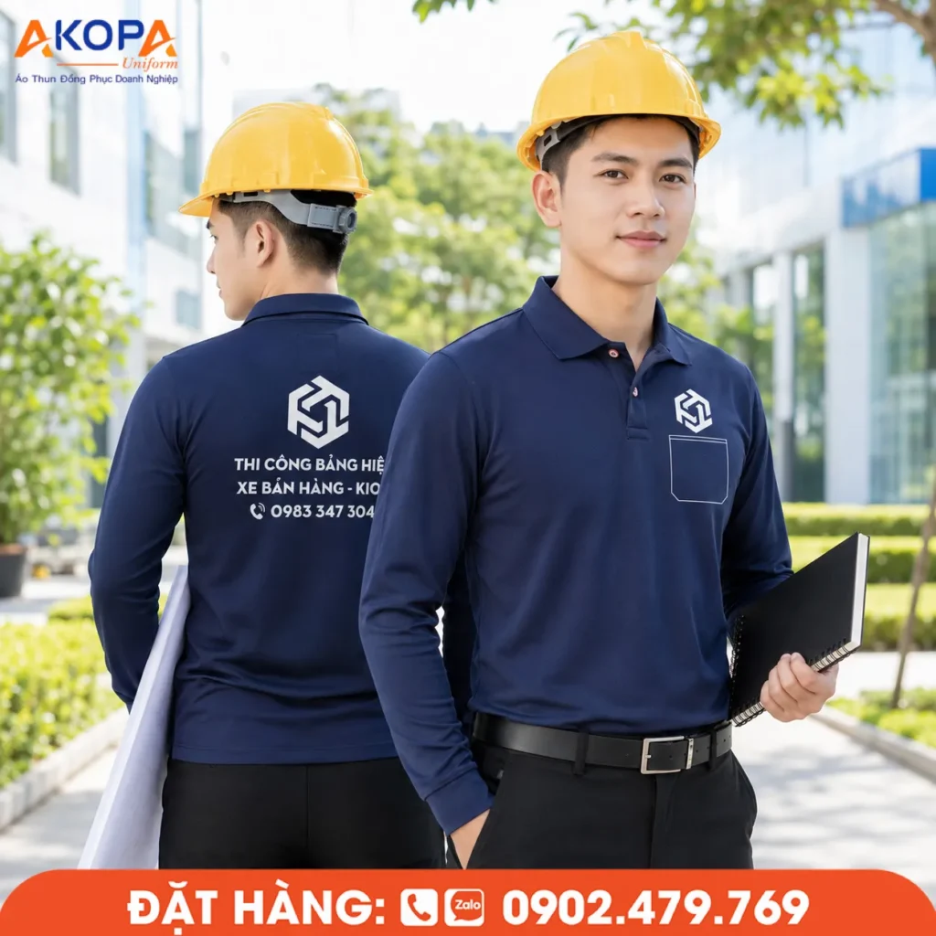 Mẫu áo đồng phục dài tay màu xanh navy thiết kế thanh lịch, phù hợp doanh nghiệp quảng cáo, thi công và lắp đặt. Chất liệu co giãn, thoáng mát, may theo yêu cầu, in thêu logo sắc nét, bền đẹp lâu dài.