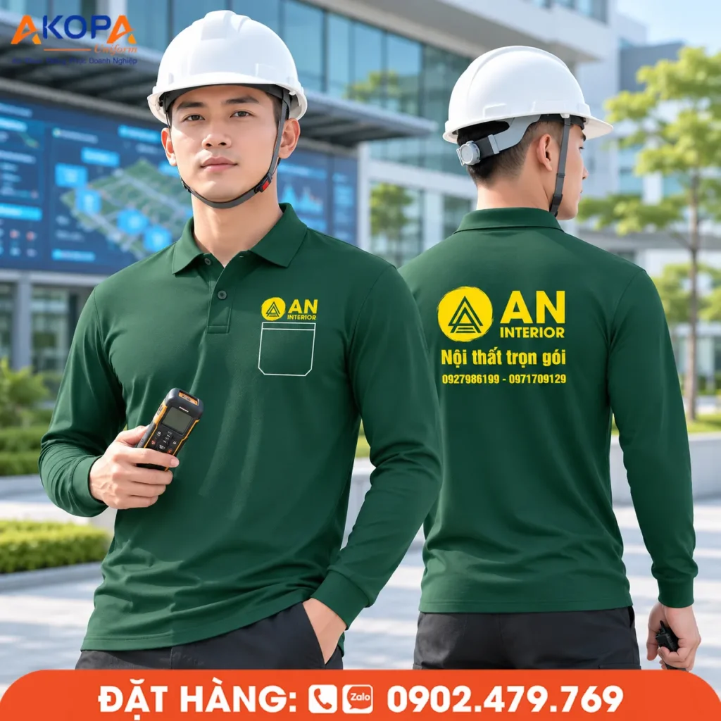 Mẫu áo thun dài tay đồng phục AN Interior màu xanh rêu, cổ bẻ lịch sự, phù hợp cho nhân viên nội thất, kỹ thuật và thi công, mang đến hình ảnh chuyên nghiệp.