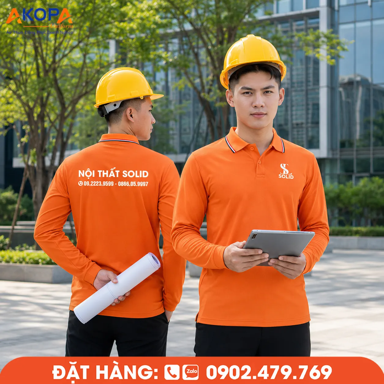 Áo thun đồng phục tay dài màu cam nổi bật cho nhân viên ngoài trời – AKOPA
