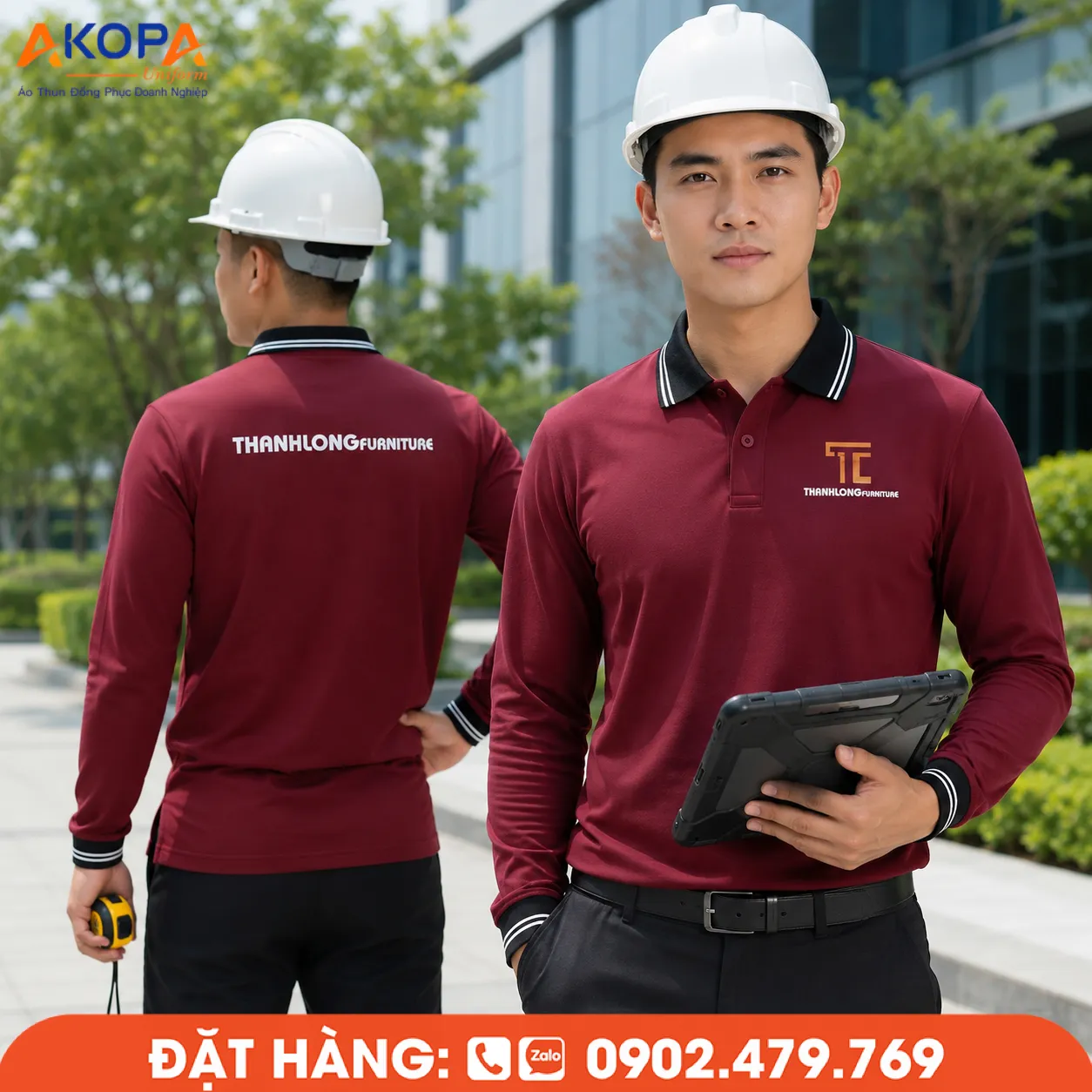 Áo polo đồng phục tay dài màu đỏ đô in logo – AKOPA