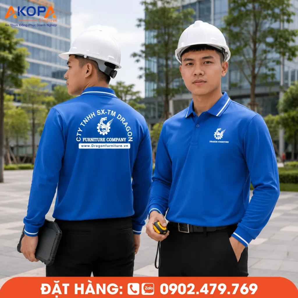 Mẫu áo thun dài tay màu xanh dương nổi bật, phù hợp cho doanh nghiệp nội thất, sản xuất và kỹ thuật, mang đến vẻ ngoài chuyên nghiệp cùng sự thoải mái trong quá trình làm việc.