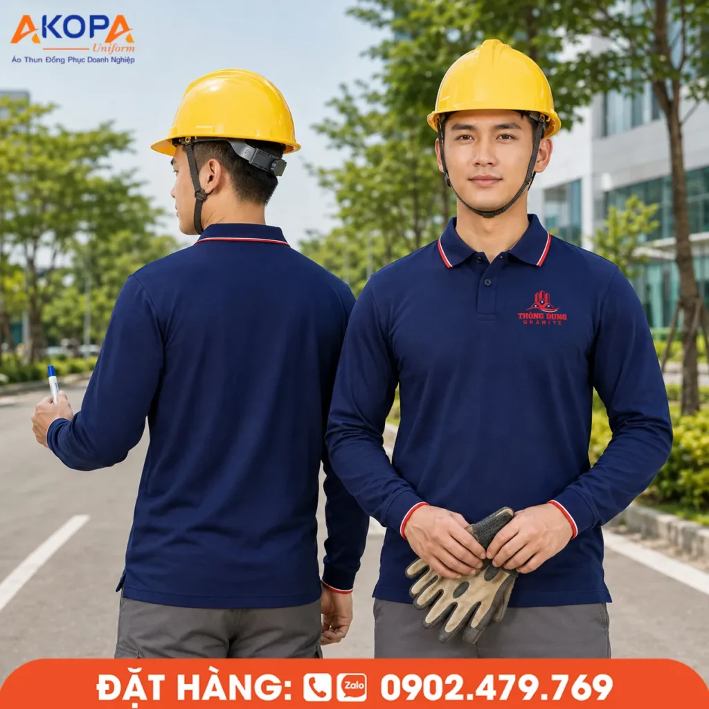 Mẫu áo thun dài tay màu xanh navy phối viền đỏ, phù hợp cho doanh nghiệp xây dựng, kỹ thuật và thi công, mang đến diện mạo chỉn chu, bền đẹp và dễ đồng bộ thương hiệu.