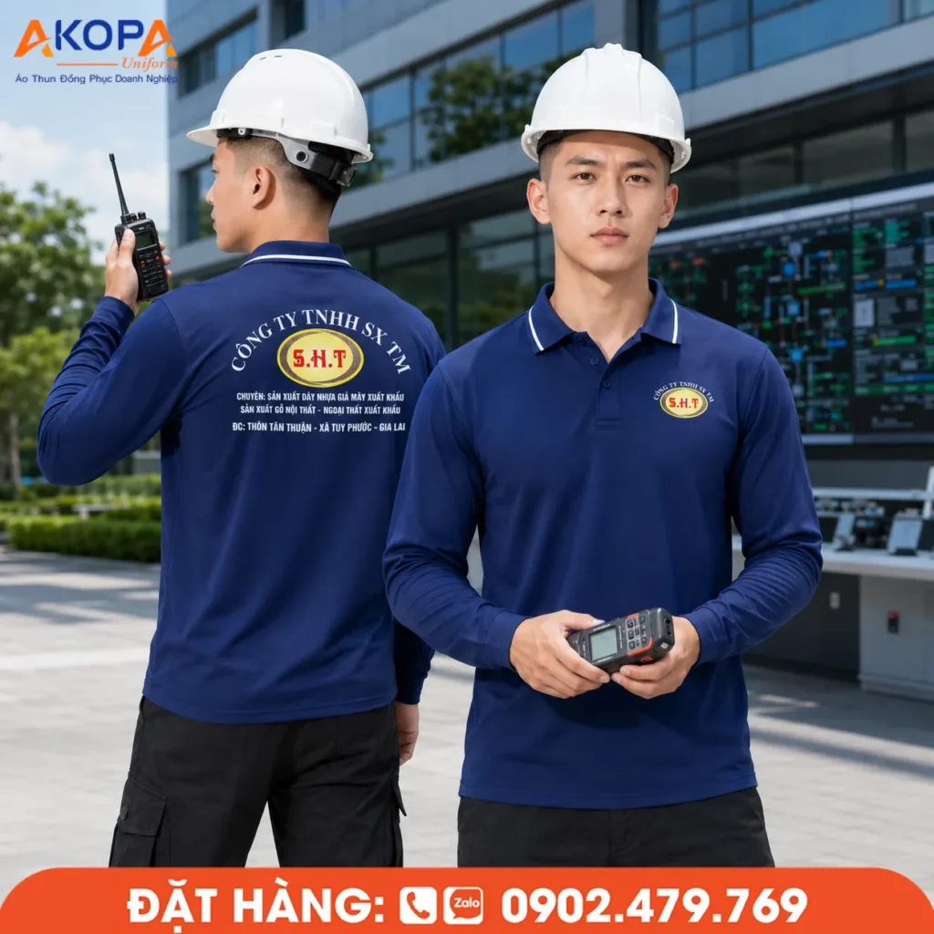 Mẫu áo thun dài tay màu xanh navy dành cho doanh nghiệp sản xuất và kỹ thuật, thiết kế bền đẹp, thoải mái khi làm việc, góp phần nâng cao hình ảnh chuyên nghiệp của đội ngũ.