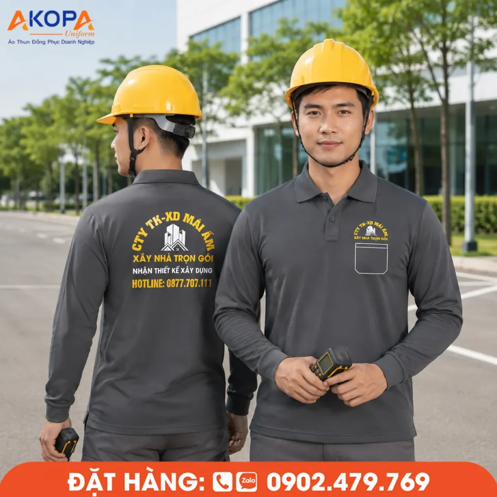 Mẫu áo thun dài tay màu xám đậm dành cho doanh nghiệp xây dựng và thiết kế, giúp đội ngũ làm việc thoải mái, chuyên nghiệp và tăng tính nhận diện thương hiệu.